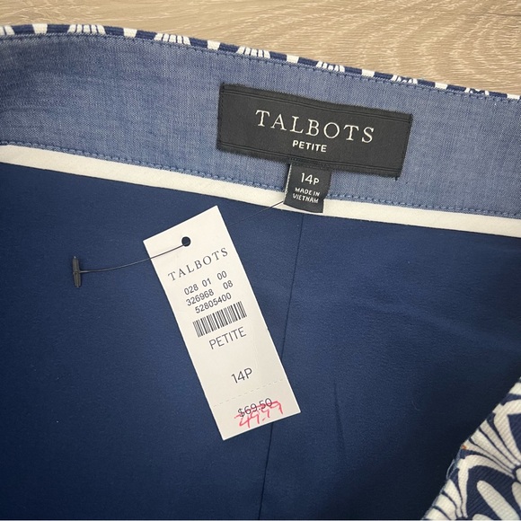 Talbots Skirt 14P Blue White Art Deco Fans Print Side Zip Cotton Blend - Picture 2 of 7